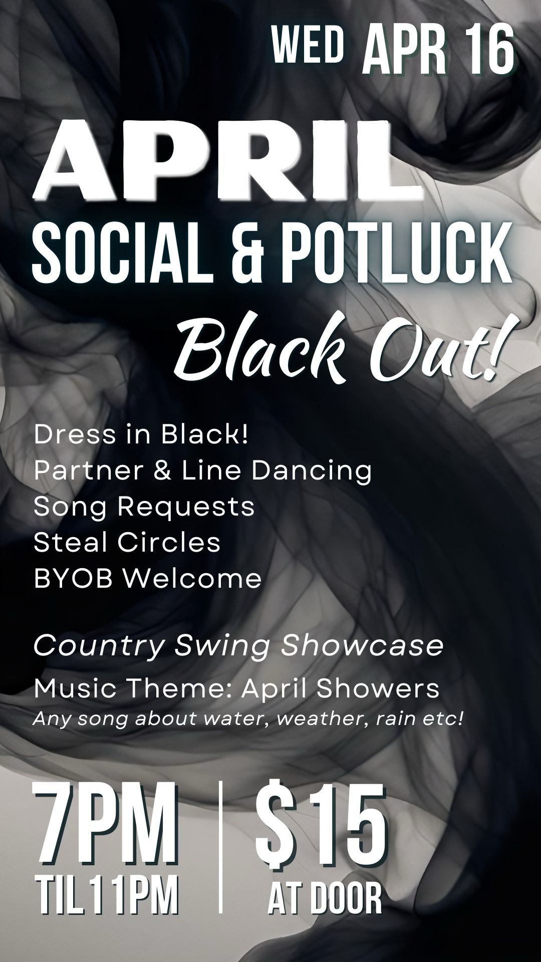 Graphic for April social dance with blackout theme featuring line dancing and country swing